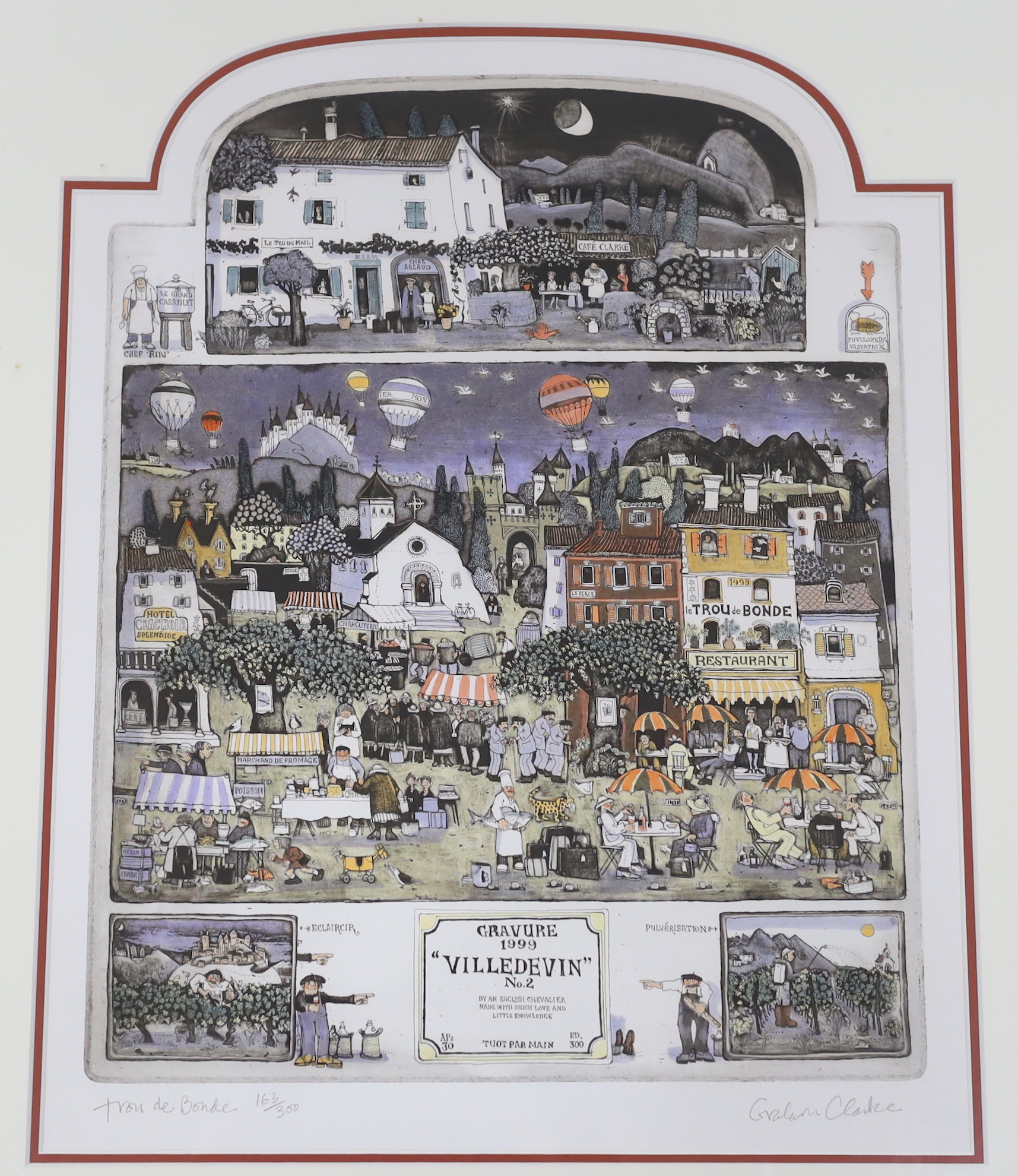 Graham Clarke (b.1941) set of three colour etchings, 'Ville de Vin' including 'Cuisine Vulgare', each signed in pencil and limited edition of 300, 49 x 38cm